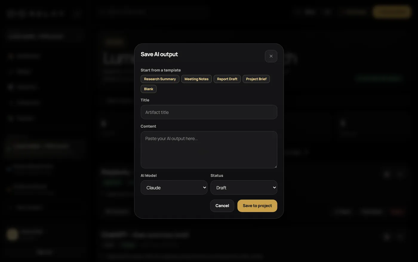 Relay “Save AI output” dialog with title, content, AI model, and status fields.