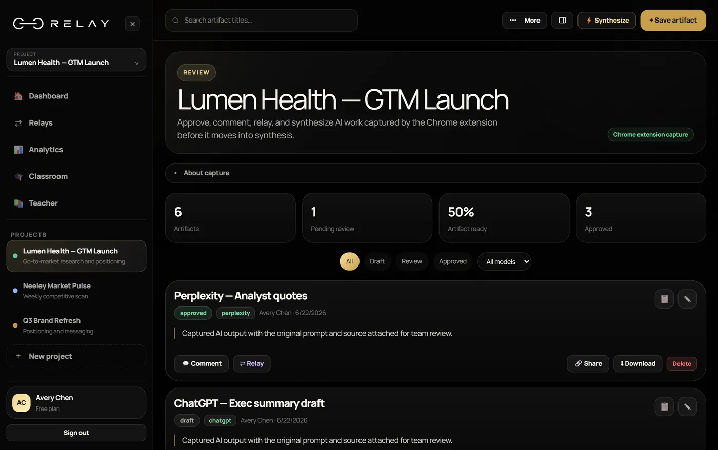 Relay project review queue showing captured AI artifacts with approval statuses and team presence.